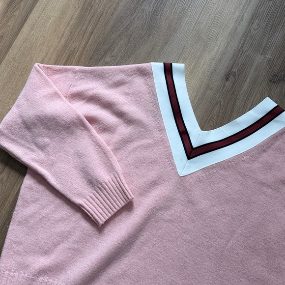 Sandro Pink Contrast Panel Striped V-Neck Sweater Red White Wool Blend Size XL - Picture 3 of 9